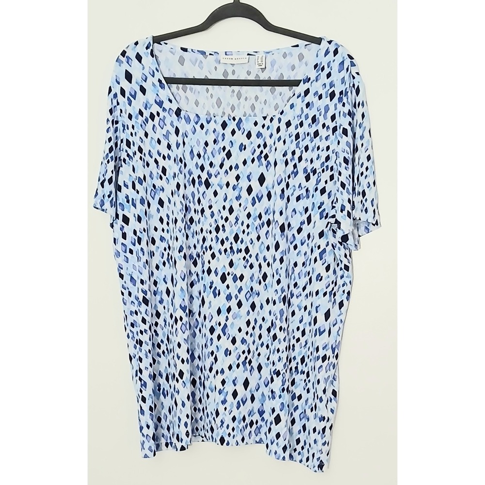 Susan Graver Top 2X Blue Liquid Knit Square Neck Short Sleeve Pullover Diamond